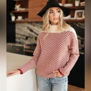 NWT | Cosy Casual | Red & Ivory | Chevron | Mock Neck Sweater | Large